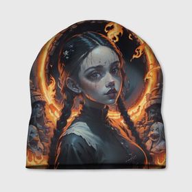Шапка 3D с принтом Готическая девушка с двумя косами в огненном круге в Тюмени, 100% полиэстер | универсальный размер, печать по всей поверхности изделия | 