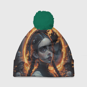 Шапка 3D c помпоном с принтом Готическая девушка с двумя косами в огненном круге в Тюмени, 100% полиэстер | универсальный размер, печать по всей поверхности изделия | 