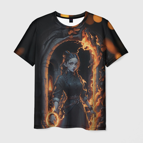 Мужская футболка 3D с принтом Готическая девушка с двумя косами огненная магия в Белгороде, 100% полиэфир | прямой крой, круглый вырез горловины, длина до линии бедер | 