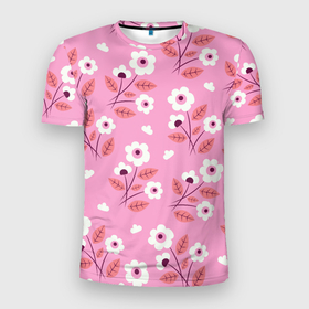 Мужская футболка 3D Slim с принтом Flowers on pink в Кировске, 100% полиэстер с улучшенными характеристиками | приталенный силуэт, круглая горловина, широкие плечи, сужается к линии бедра | 