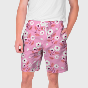 Мужские шорты 3D с принтом Flowers on pink в Тюмени,  полиэстер 100% | прямой крой, два кармана без застежек по бокам. Мягкая трикотажная резинка на поясе, внутри которой широкие завязки. Длина чуть выше колен | 