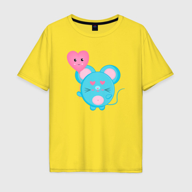 Мужская футболка хлопок Oversize с принтом Голубая мышь влюблена в Курске, 100% хлопок | свободный крой, круглый ворот, “спинка” длиннее передней части | 