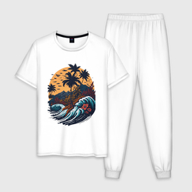 Мужская пижама хлопок с принтом Тропический оазис в Санкт-Петербурге, 100% хлопок | брюки и футболка прямого кроя, без карманов, на брюках мягкая резинка на поясе и по низу штанин
 | 