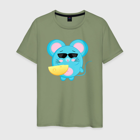 Мужская футболка хлопок с принтом Голубая мышь кушает сыр в Санкт-Петербурге, 100% хлопок | прямой крой, круглый вырез горловины, длина до линии бедер, слегка спущенное плечо. | Тематика изображения на принте: 