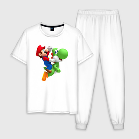 Мужская пижама хлопок с принтом Марио вместе с Йоши в Кировске, 100% хлопок | брюки и футболка прямого кроя, без карманов, на брюках мягкая резинка на поясе и по низу штанин
 | 