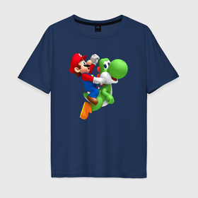 Мужская футболка хлопок Oversize с принтом Марио вместе с Йоши в Кировске, 100% хлопок | свободный крой, круглый ворот, “спинка” длиннее передней части | 
