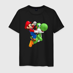 Мужская футболка хлопок с принтом Марио вместе с Йоши в Кировске, 100% хлопок | прямой крой, круглый вырез горловины, длина до линии бедер, слегка спущенное плечо. | 