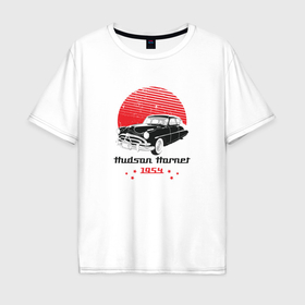 Мужская футболка хлопок Oversize с принтом Ретро автомобиль на фоне красного солнца в Кировске, 100% хлопок | свободный крой, круглый ворот, “спинка” длиннее передней части | 