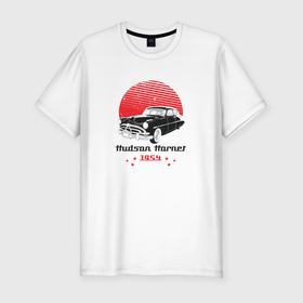 Мужская футболка хлопок Slim с принтом Ретро автомобиль на фоне красного солнца в Петрозаводске, 92% хлопок, 8% лайкра | приталенный силуэт, круглый вырез ворота, длина до линии бедра, короткий рукав | 