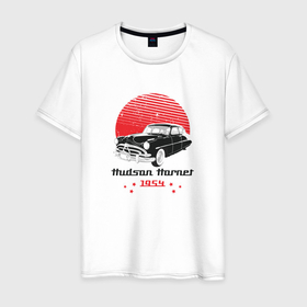 Мужская футболка хлопок с принтом Ретро автомобиль на фоне красного солнца в Екатеринбурге, 100% хлопок | прямой крой, круглый вырез горловины, длина до линии бедер, слегка спущенное плечо. | 