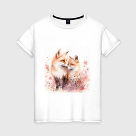 Женская футболка хлопок с принтом Романтические лисы в Курске, 100% хлопок | прямой крой, круглый вырез горловины, длина до линии бедер, слегка спущенное плечо | 