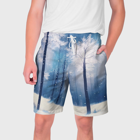 Мужские шорты 3D с принтом Снежный лес ,  полиэстер 100% | прямой крой, два кармана без застежек по бокам. Мягкая трикотажная резинка на поясе, внутри которой широкие завязки. Длина чуть выше колен | 