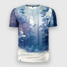 Мужская футболка 3D Slim с принтом Заснеженный лес в Новосибирске, 100% полиэстер с улучшенными характеристиками | приталенный силуэт, круглая горловина, широкие плечи, сужается к линии бедра | 