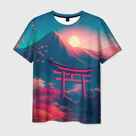 Мужская футболка 3D с принтом Японский вечерний пейзаж   тории в Курске, 100% полиэфир | прямой крой, круглый вырез горловины, длина до линии бедер | 
