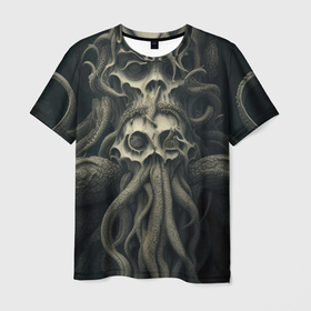 Мужская футболка 3D с принтом Черепа Ктулху , 100% полиэфир | прямой крой, круглый вырез горловины, длина до линии бедер | 
