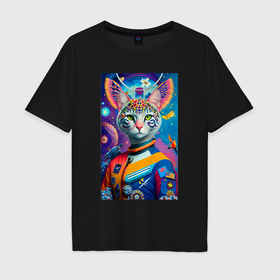 Мужская футболка хлопок Oversize с принтом A space cat from a similar planet в Кировске, 100% хлопок | свободный крой, круглый ворот, “спинка” длиннее передней части | 