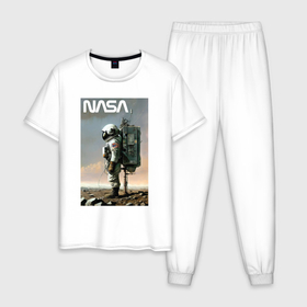 Мужская пижама хлопок с принтом Nasa   пункт подзарядки космонавта   нейросеть в Кировске, 100% хлопок | брюки и футболка прямого кроя, без карманов, на брюках мягкая резинка на поясе и по низу штанин
 | 