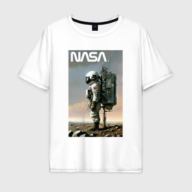 Мужская футболка хлопок Oversize с принтом Nasa   пункт подзарядки космонавта   нейросеть в Новосибирске, 100% хлопок | свободный крой, круглый ворот, “спинка” длиннее передней части | Тематика изображения на принте: 