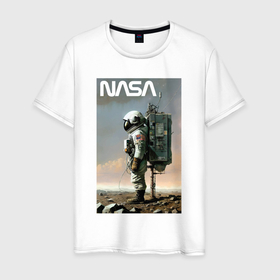 Мужская футболка хлопок с принтом Nasa   пункт подзарядки космонавта   нейросеть в Кировске, 100% хлопок | прямой крой, круглый вырез горловины, длина до линии бедер, слегка спущенное плечо. | 