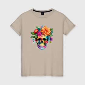 Женская футболка хлопок с принтом Череп с цветами в мексиканском стиле в Новосибирске, 100% хлопок | прямой крой, круглый вырез горловины, длина до линии бедер, слегка спущенное плечо | 