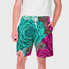 Мужские шорты 3D с принтом Большие розы в Кировске,  полиэстер 100% | прямой крой, два кармана без застежек по бокам. Мягкая трикотажная резинка на поясе, внутри которой широкие завязки. Длина чуть выше колен | 