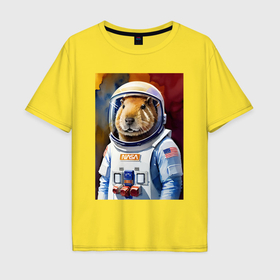 Мужская футболка хлопок Oversize с принтом Капибара космонавт NASA в Тюмени, 100% хлопок | свободный крой, круглый ворот, “спинка” длиннее передней части | 