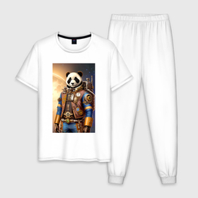 Мужская пижама хлопок с принтом Панда космонавт   стимпанк   нейросеть в Курске, 100% хлопок | брюки и футболка прямого кроя, без карманов, на брюках мягкая резинка на поясе и по низу штанин
 | 