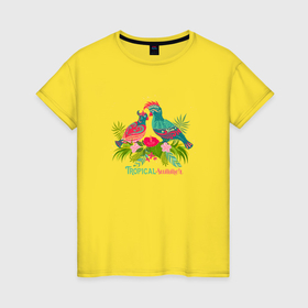 Женская футболка хлопок с принтом Влюбленные попугаи среди тропических листьев , 100% хлопок | прямой крой, круглый вырез горловины, длина до линии бедер, слегка спущенное плечо | 