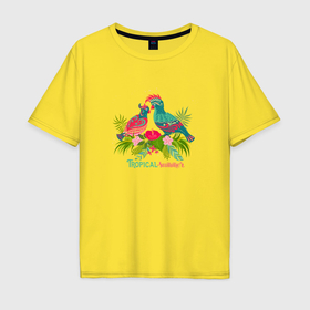 Мужская футболка хлопок Oversize с принтом Влюбленные попугаи среди тропических листьев в Петрозаводске, 100% хлопок | свободный крой, круглый ворот, “спинка” длиннее передней части | 
