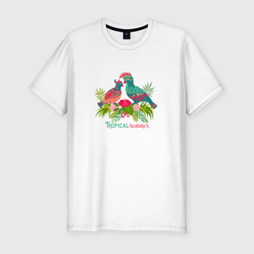 Мужская футболка хлопок Slim с принтом Влюбленные попугаи среди тропических листьев в Кировске, 92% хлопок, 8% лайкра | приталенный силуэт, круглый вырез ворота, длина до линии бедра, короткий рукав | 