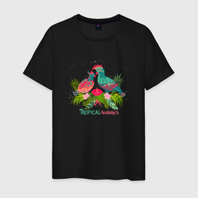 Мужская футболка хлопок с принтом Влюбленные попугаи среди тропических листьев в Санкт-Петербурге, 100% хлопок | прямой крой, круглый вырез горловины, длина до линии бедер, слегка спущенное плечо. | 