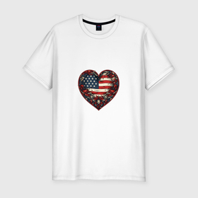 Мужская футболка хлопок Slim с принтом Сердце с цветами флаг США в Санкт-Петербурге, 92% хлопок, 8% лайкра | приталенный силуэт, круглый вырез ворота, длина до линии бедра, короткий рукав | 