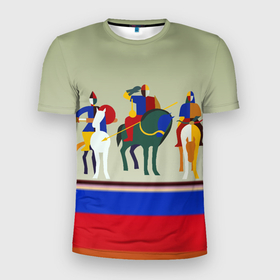 Мужская футболка 3D Slim с принтом Супрематизм в контуре Трех богатырей в Екатеринбурге, 100% полиэстер с улучшенными характеристиками | приталенный силуэт, круглая горловина, широкие плечи, сужается к линии бедра | 