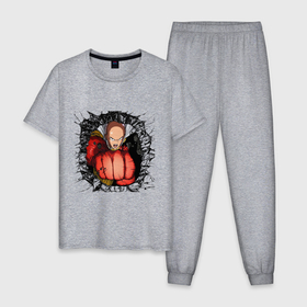 Мужская пижама хлопок с принтом Saitama hole в Новосибирске, 100% хлопок | брюки и футболка прямого кроя, без карманов, на брюках мягкая резинка на поясе и по низу штанин
 | 
