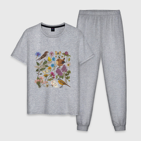 Мужская пижама хлопок с принтом Цветение и птички в Новосибирске, 100% хлопок | брюки и футболка прямого кроя, без карманов, на брюках мягкая резинка на поясе и по низу штанин
 | 