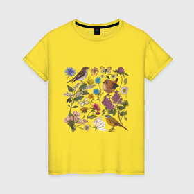 Женская футболка хлопок с принтом Цветение и птички в Санкт-Петербурге, 100% хлопок | прямой крой, круглый вырез горловины, длина до линии бедер, слегка спущенное плечо | 