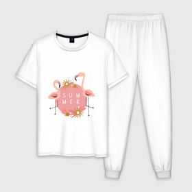 Мужская пижама хлопок с принтом Два розовых фламинго , 100% хлопок | брюки и футболка прямого кроя, без карманов, на брюках мягкая резинка на поясе и по низу штанин
 | 