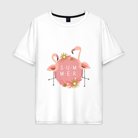 Мужская футболка хлопок Oversize с принтом Два розовых фламинго , 100% хлопок | свободный крой, круглый ворот, “спинка” длиннее передней части | 