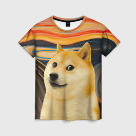 Женская футболка 3D с принтом Собака Доге пародия на Крик , 100% полиэфир ( синтетическое хлопкоподобное полотно) | прямой крой, круглый вырез горловины, длина до линии бедер | 