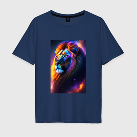 Мужская футболка хлопок Oversize с принтом Лев с радужной гривой и голубыми глазами в Петрозаводске, 100% хлопок | свободный крой, круглый ворот, “спинка” длиннее передней части | 