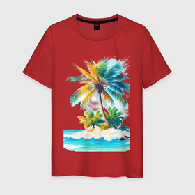 Мужская футболка хлопок с принтом Пальмовый рай в Петрозаводске, 100% хлопок | прямой крой, круглый вырез горловины, длина до линии бедер, слегка спущенное плечо. | Тематика изображения на принте: 