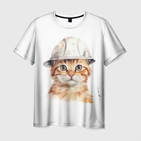 Мужская футболка 3D с принтом Акварельный кот строитель в Санкт-Петербурге, 100% полиэфир | прямой крой, круглый вырез горловины, длина до линии бедер | 
