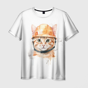 Мужская футболка 3D с принтом Акварельный кот в строительной каске в Санкт-Петербурге, 100% полиэфир | прямой крой, круглый вырез горловины, длина до линии бедер | 