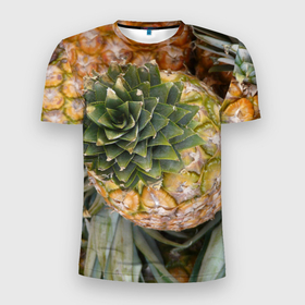 Мужская футболка 3D Slim с принтом Ананасы pineapple в Петрозаводске, 100% полиэстер с улучшенными характеристиками | приталенный силуэт, круглая горловина, широкие плечи, сужается к линии бедра | 