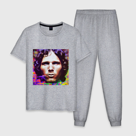 Мужская пижама хлопок с принтом Jim Morrison Glitch 25 Digital Art в Белгороде, 100% хлопок | брюки и футболка прямого кроя, без карманов, на брюках мягкая резинка на поясе и по низу штанин
 | 