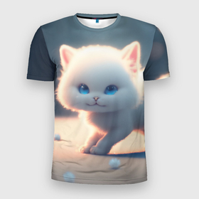 Мужская футболка 3D Slim с принтом Пушистый белый котенок в Курске, 100% полиэстер с улучшенными характеристиками | приталенный силуэт, круглая горловина, широкие плечи, сужается к линии бедра | 