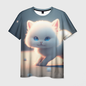 Мужская футболка 3D с принтом Пушистый белый котенок в Белгороде, 100% полиэфир | прямой крой, круглый вырез горловины, длина до линии бедер | 
