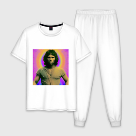 Мужская пижама хлопок с принтом Jim Morrison Galo Glitch Art в Кировске, 100% хлопок | брюки и футболка прямого кроя, без карманов, на брюках мягкая резинка на поясе и по низу штанин
 | 