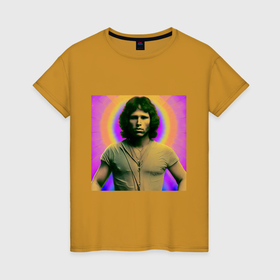 Женская футболка хлопок с принтом Jim Morrison Galo Glitch Art в Петрозаводске, 100% хлопок | прямой крой, круглый вырез горловины, длина до линии бедер, слегка спущенное плечо | 