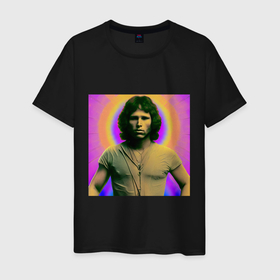 Мужская футболка хлопок с принтом Jim Morrison Galo Glitch Art в Курске, 100% хлопок | прямой крой, круглый вырез горловины, длина до линии бедер, слегка спущенное плечо. | 